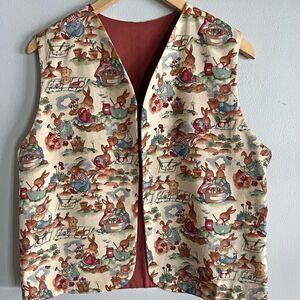 Vintage Bunny Print Cottagecore Vest Handmade Cotton Easter Garden M L